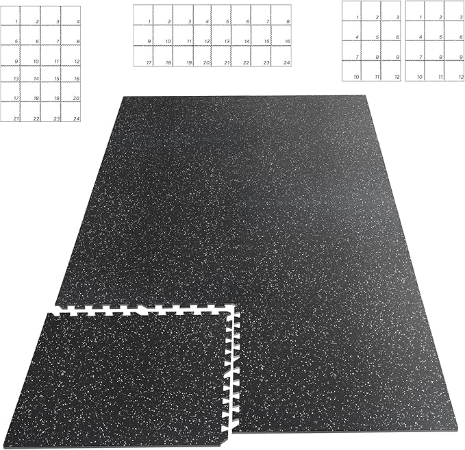 HAPBEAR 0.56'' Thick 12 Pcs 48 Sq Ft Exercise Equipment Mats - High-Density Rubber Top EVA Foam Interlocking Mats, 24x24in Tiles, Heavy-Duty Treadmill Mat for Hardwood Floors, Home Gym Mat