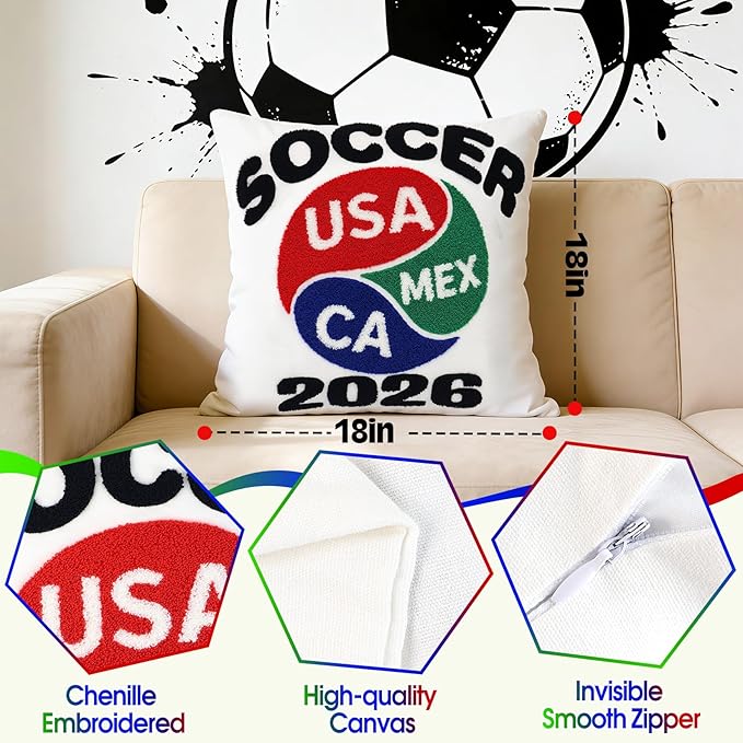 18x18 Inches Decorative Pillow Covers 1pc for World Soccer 2026 Fan, Host Nations Embroidered Throw Pillows Cases for Couch Bed Room, Game Day Home Decor Pillows Covers Gifts for Women Men