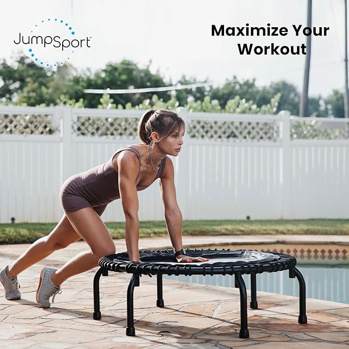 JumpSport 350 PRO Fitness Trampoline, Cardio Workout, No-Tip Arched Legs Home Gym Equipment, Adjustable Bungees & 60 Day Trial Video