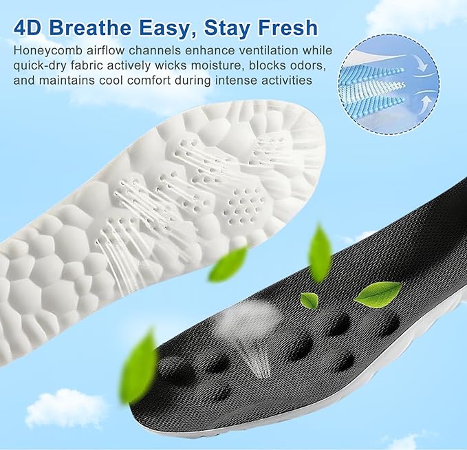 4D Cloud Insoles for Men Women, Memory Foam Boot Insoles, Comfortable and Breathable Massage Cushion Shoe Inserts with Arch Support, Trim to Fit All Shoe Types(2Pair-Black, Men 8-9/Women 10-11)