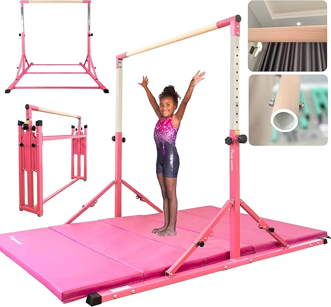 PreGymnastic Foldable Gymnastics Bar, 6FT Horizontal Bars, Folding Training Bar for Kids Ages 3-18, Weight Limit 500 LB, Adjustable kip Bar,Home Gym Equipment Indoor