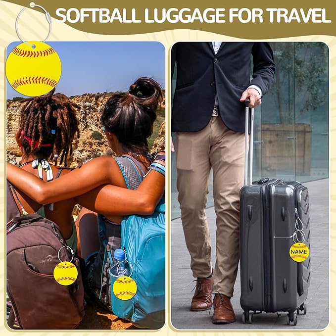 12 Pcs Softball Luggage Tags for Suitcases Travel Suitcase Labels with Metal Ring 2.75in Softball Keychain PVC Name Id and DIY Pocket Hug Card Backpack Charms for Men Women Travel Bag Suitcase