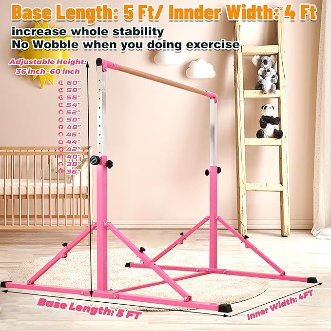 MARFULA 4FT/5FT Gymnastic Bar Set Gymnastics Kip Bar with 5 Ft Length 4Ft Inner Width 5ft Adjust Height Gymnastics Training Bar Equipment for Kids Professional Training Home and Club Use