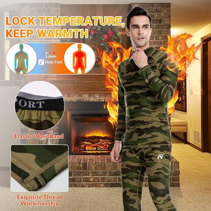 Men Thermal Underwear Set Long Johns with Fleece Lined Base Layer Men Cold Weather Top Bottom for Skiing Running