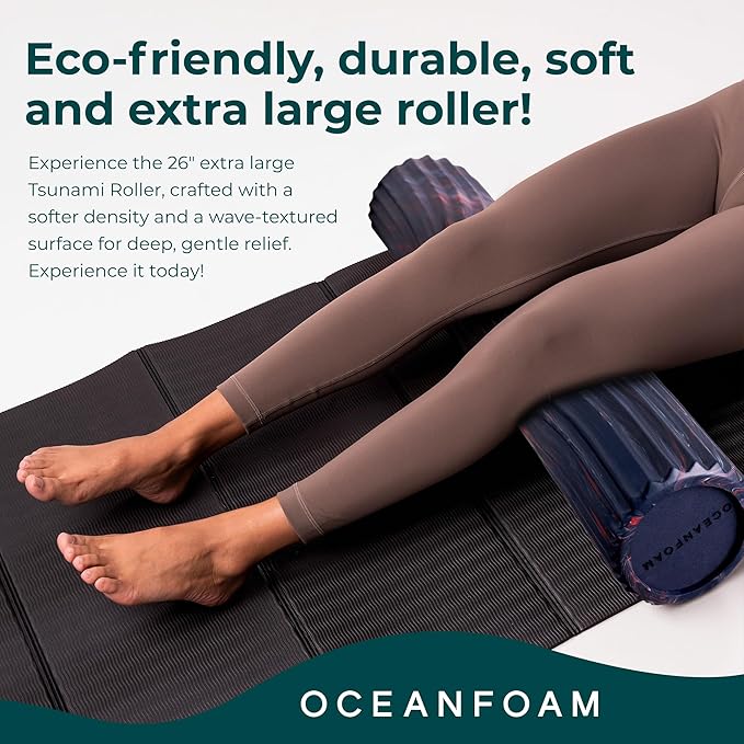 Oceanfoam Tsunami Roller (Dark Navy, Red & Natural Marbled) - Extra-Large, 26" x 5.9" - Soft, Textured Foam Roller for Physical Therapy, Back Pain, Exercise & Stretching - Yoga, Athletics, & Wellness
