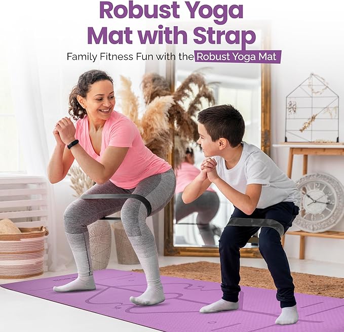 Robust Non-Slip Yoga Mat with Strap, 1/4" Thick TPE Eco-Friendly Workout Mat for Yoga with Position Lines and Texture Surface, Gym Mat for Women, Men, Pilates and Exercises Anti-Tear Sweat-Proof Exercise Mat