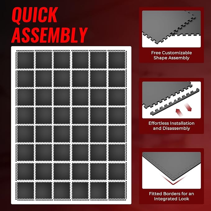 SUPERJARE 0.56'' Thick 48 Pcs 192 Sq Ft Rubber Top Exercise Equipment Mats, High Density EVA Foam Mats with Rubber Top, Interlocking Gym Flooring for Home Gym, Protective Workout Mat, Black