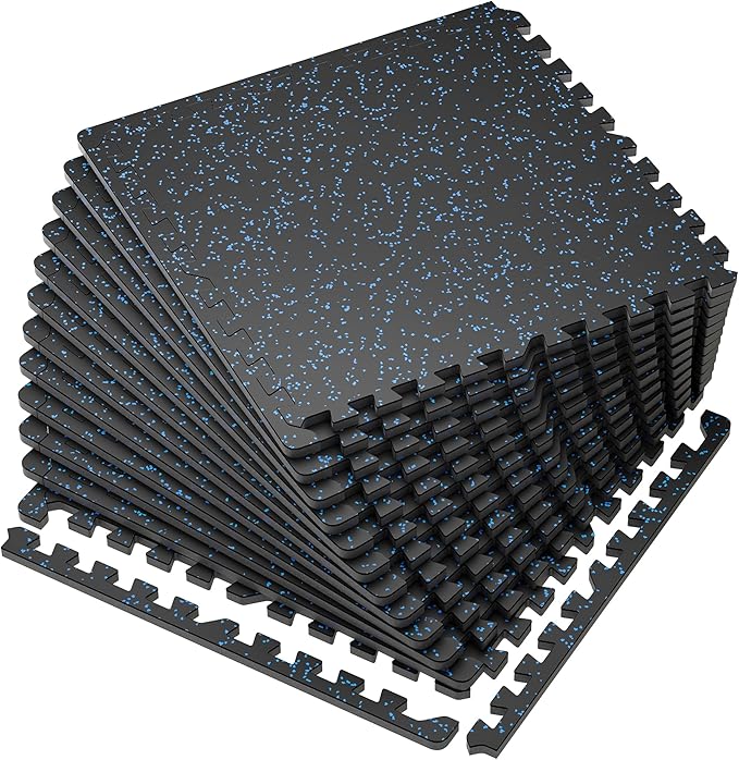 SUPERJARE 0.56'' Thick 12 Pcs 48 Sq Ft Rubber Top Exercise Equipment Mats, High Density EVA Foam Mats with Rubber Top, Interlocking Gym Flooring for Home Gym, Protective Workout Mat, Black/Blue