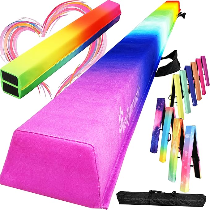 PreGymnastic 6FT/8FT/9.5FT Folding Balance Beam for Kids Ages 3-12, Foldable Gymnastics Floor Beam-Extra Firm Suede Cover with Carrying Bag for Home-Gym Equipment for Toddler Teenager