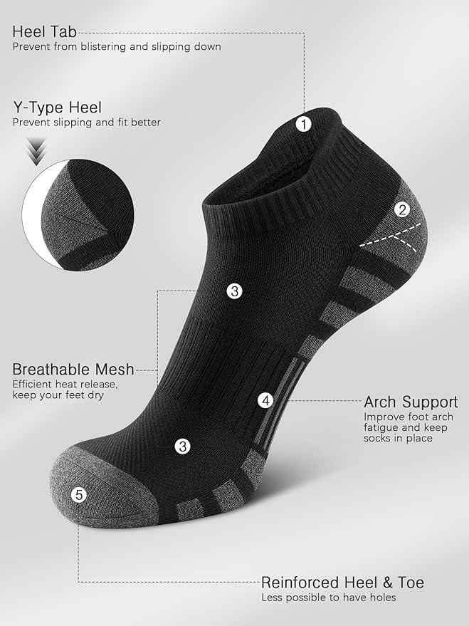 Airacker Athletic Running Ankle Cotton Socks, Low Cut Cushioned functional Anti-Blister Tab Sports Socks for Men Women 6pairs