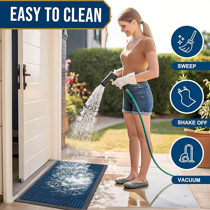 Smiry Front Door Mat Outside Entrance, Heavy Duty Sturdy Natural Rubber Doormat, Trap Dirt and Moisture, Easy Clean Low Profile Mats for Indoor Outdoor Entry, Irregular Triangle (36x24, Medium Blue)