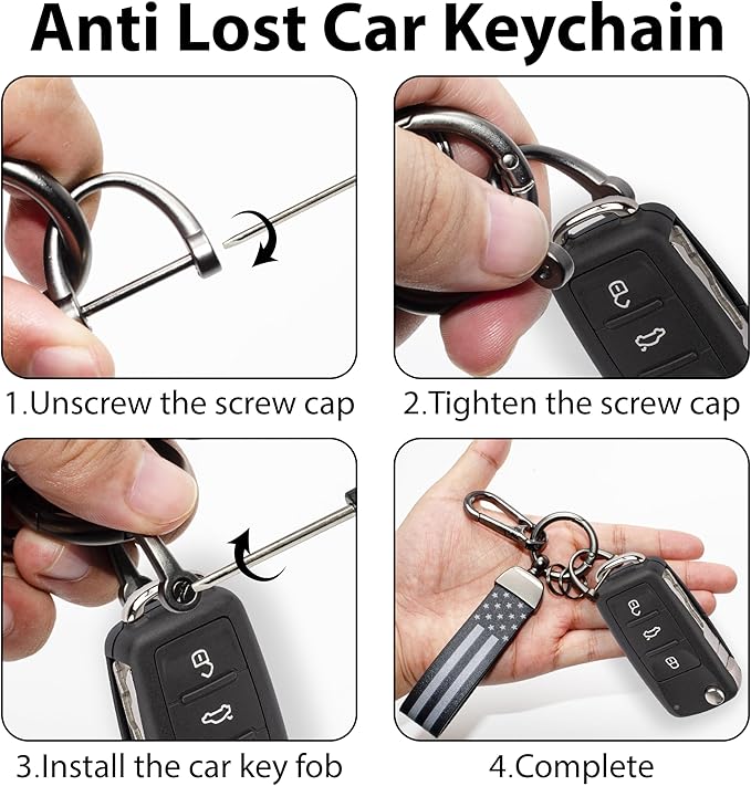 Car Key Chain, Leather Cars Keychains for Men, American Usa Flag Key Chains with Anti-Lost D-Ring Men Car Accessories