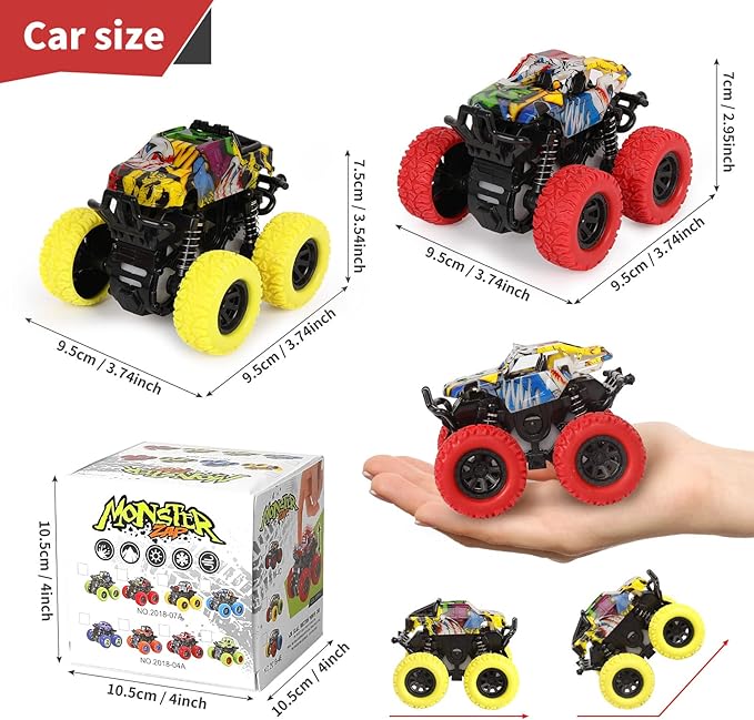 Monster Truck Toys for Ages 2-4, Friction Cars for Toddlers 1-3 Push and Go 360° Rotating Stunt Car for 2+ Year Old Boys Girls Gifts (2 Pack - Red and Yellow)