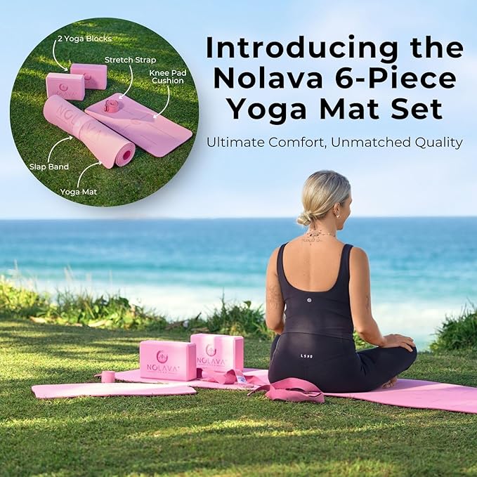 NOLAVA Yoga Mats & Complete Sets - TPE, Non-Slip - Includes Mat, Blocks, Strap, & More (6pc or 7pc Sets) - For Pilates, Yoga & Fitness