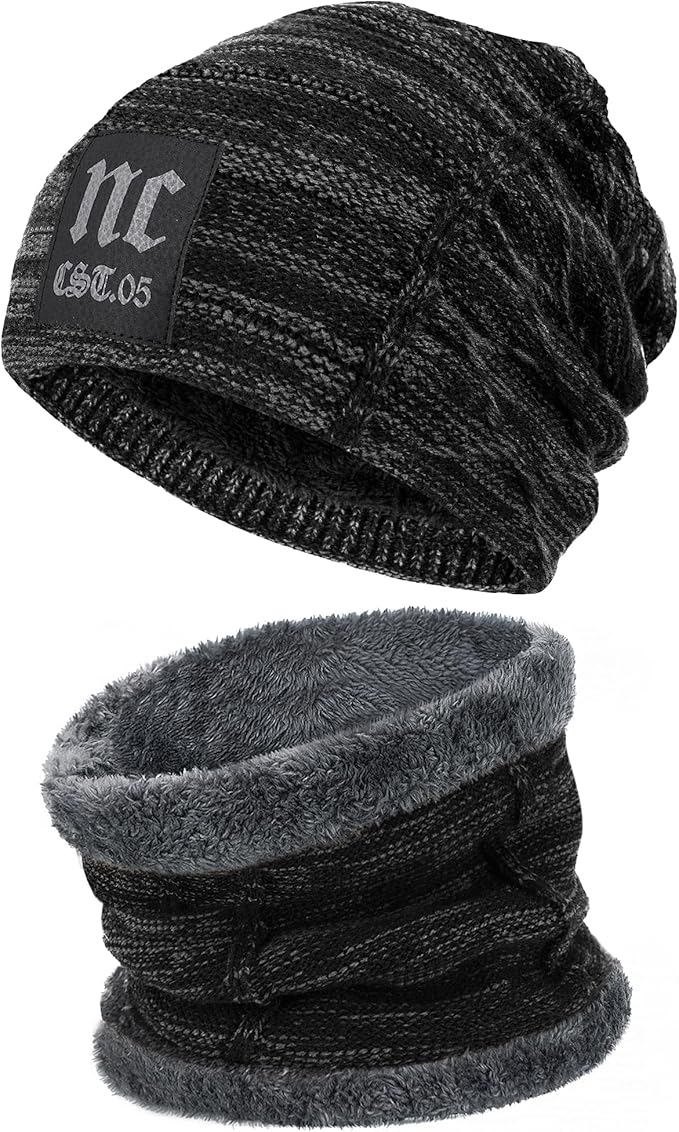 FZ FANTASTIC ZONE Mens Womens Winter Beanie Hat Scarf Set Warm Knit Thick Fleece Lined Skull Cap Neck Warmer for Men Women
