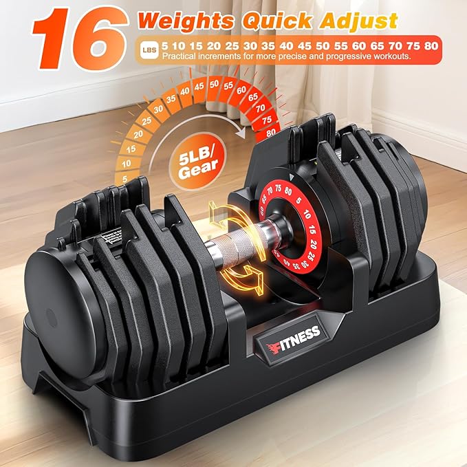XDDIAS Adjustable Dumbbell Set of 2, 25/55/80LB Dumbbell Set-Fast Adjust Weights Set, 5/10/16 in 1 Free Weights Dumbbells Set with Anti-Slip Metal Handle, Compact Size for Men/Women Home Gym Equipment