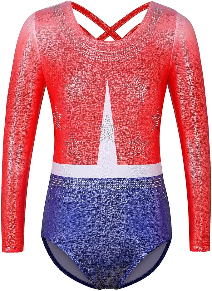 BAOHULU Gymnastics Leotards for Girls Long Sleeve Sparkly Cute Pattern Dance Outfit with Matching Shorts Set