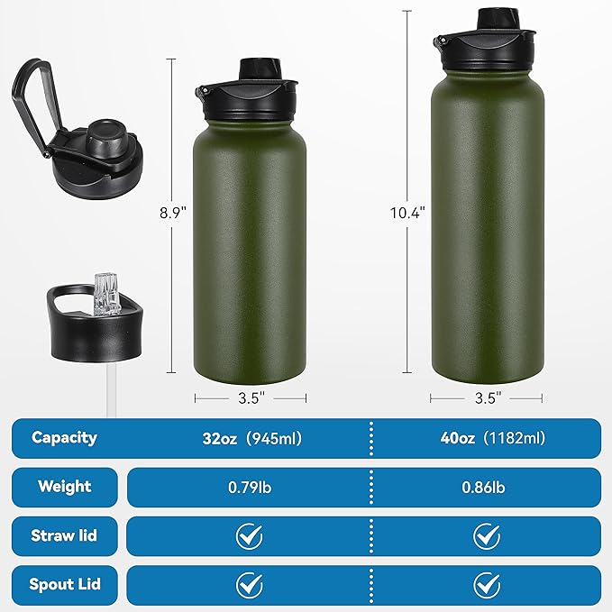 VEGOND 32 oz Insulated Water Bottle Bulk Stainless Steel Metal Water Bottles with Leak Proof Straw Lid & Spout Lid, Wide Mouth Double Walled Vacuum Travel Sports Bottle, 4 Pack