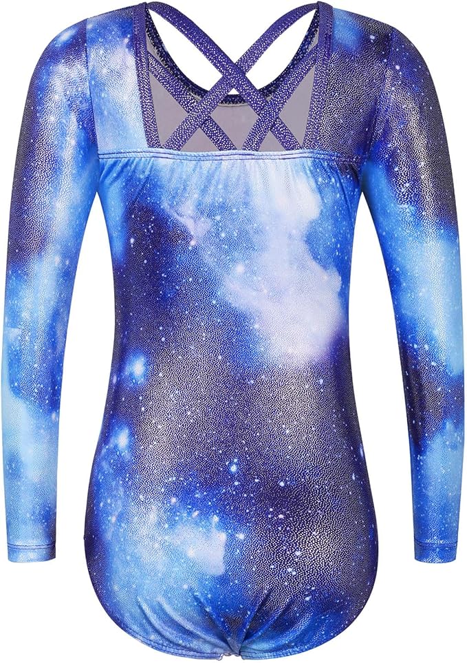 BAOHULU Gymnastics Leotards for Girls Long Sleeve Sparkly Cute Pattern Dance Outfit with Matching Shorts Set