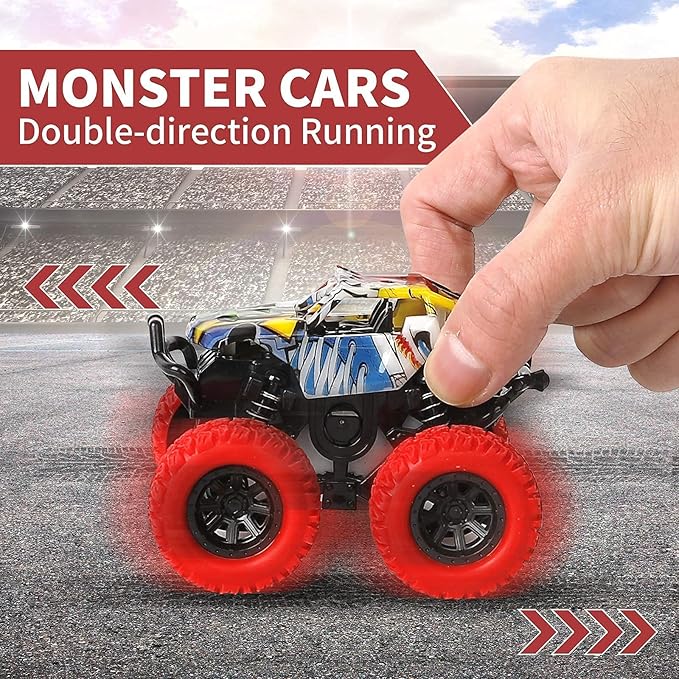 Monster Truck Toys for Ages 2-4, Friction Cars for Toddlers 1-3 Push and Go 360° Rotating Stunt Car for 2+ Year Old Boys Girls Gifts (2 Pack - Red and Yellow)