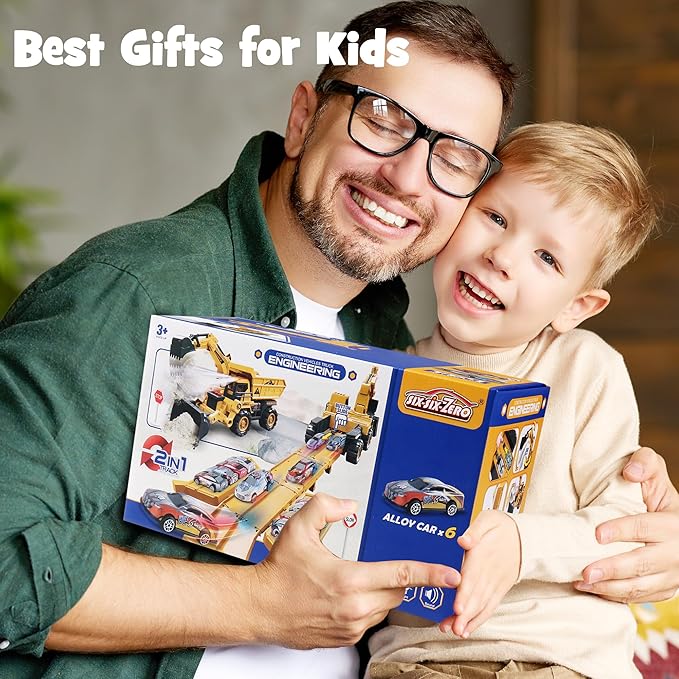 Construction Toy Truck with Race Track Launcher, 2-in-1 Storage Dump Truck and Excavator Playset with 10 Mini Cars, Racing Track Toys for Kids Ages 3-8, Birthday Gift for Boys Girls