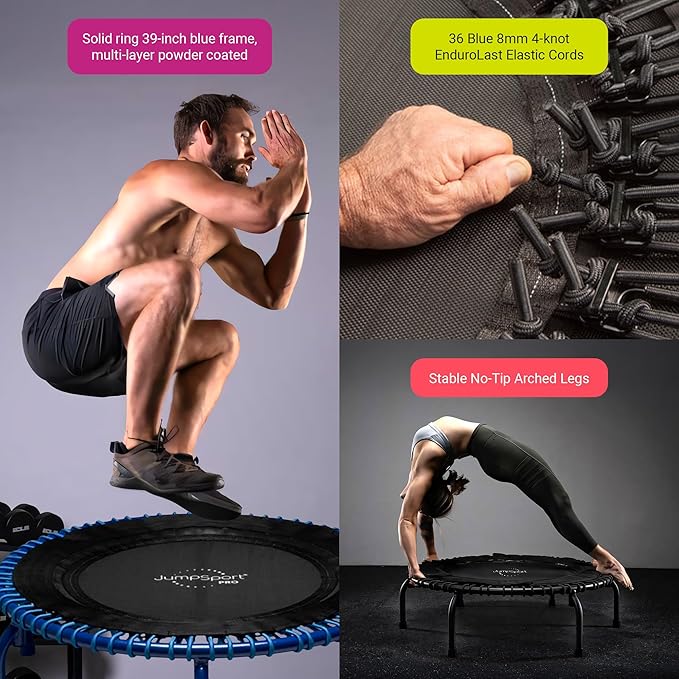 JumpSport 350 PRO Fitness Trampoline, Cardio Workout, No-Tip Arched Legs Home Gym Equipment, Adjustable Bungees & 60 Day Trial Video