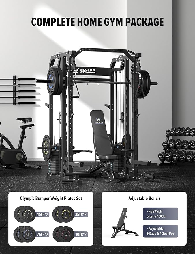 Major Fitness Drone2 Advanced Training Smith Machines– All-in-One Home Gym Squat Rack with Aluminum Pulley Set , Weight Bar, Dual LAT Pull-Down Systems & Cable Crossover Machine for Full-Body Workouts