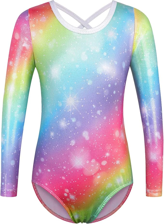 BAOHULU Gymnastics Leotards for Girls Long Sleeve Sparkly Cute Pattern Dance Outfit with Matching Shorts Set