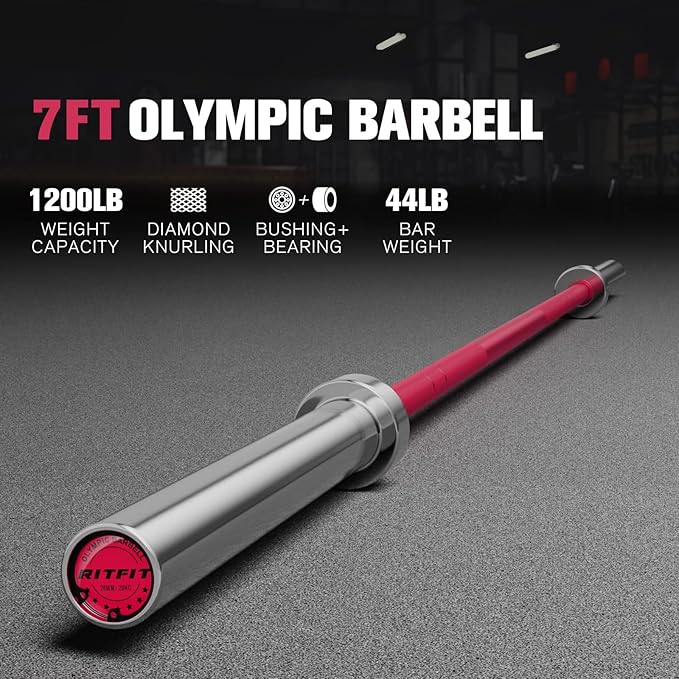 RITFIT 7FT Olympic Barbell for Strength and Weightlifting Training - 2 Inch Olympic Bar for Squat, Deadlift, Bench Press, Curl, Overhead Press - 600lbs/1000lbs/1200lbs Capacity