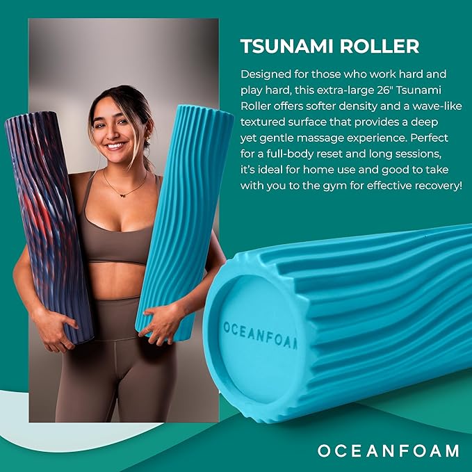 Oceanfoam Tsunami Roller (Miami Blue) - Extra-Large, 26" x 5.9" - Soft, Textured Foam Roller for Physical Therapy, Back Pain, Exercise & Stretching - Wave Textured - Yoga, Athletics, & Wellness