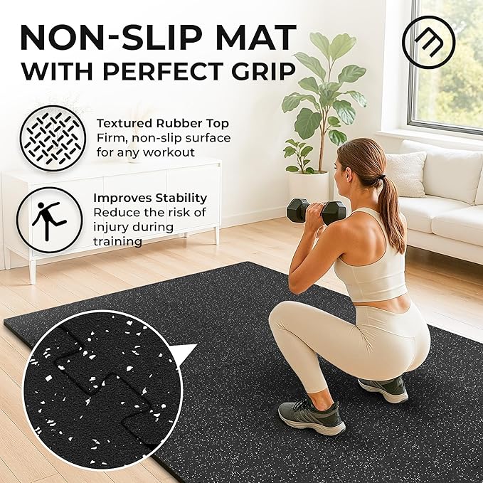 bemaxx Gym Mats Set - 18 pcs Rubber Top + EVA Interlocking Foam Floor Tiles (12.6"x12.6"x0.4") 18sqft Protective Gym Flooring Sports Home Workout Exercise Mat Puzzle Fitness Garage Play Pool Treadmill