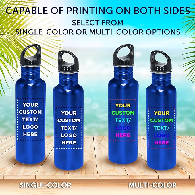 DISCOUNT PROMOS Custom Stainless Steel Water Bottles 26 oz. Set of 50, Personalized Bulk Pack - Reusable, Leak Proof, Perfect for Gym, Hiking, Camping, Outdoor Sports - Met Blue