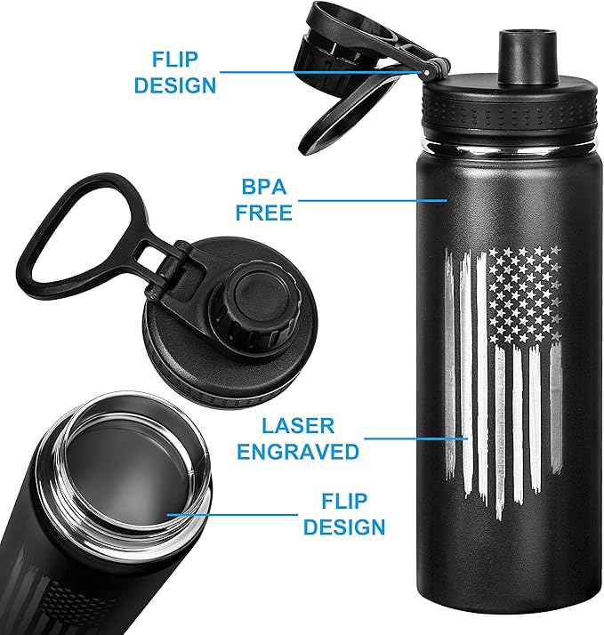 American Flag 20oz Sports Water Bottle | Insulated Metal | Stainless Steel | Outdoor Sports, Hiking - USA Flag 20oz Bottle