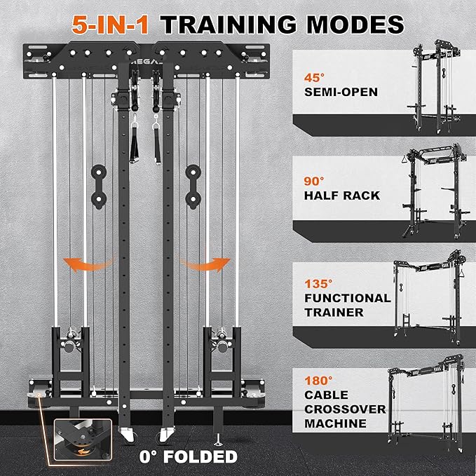 Folding Power Rack, Wall Mounted Squat Rack with Cable Pulley System, Multi-Grip Pull-Up Bar, Landmine for Home Gym, Compact Power for Small Spaces, FR67