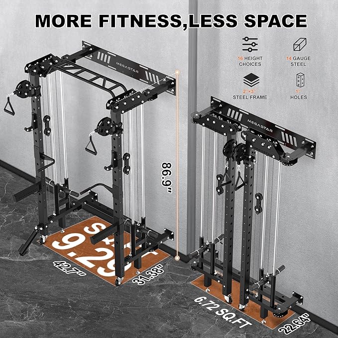 Folding Power Rack, Wall Mounted Squat Rack with Cable Pulley System, Multi-Grip Pull-Up Bar, Landmine for Home Gym, Compact Power for Small Spaces, FR67