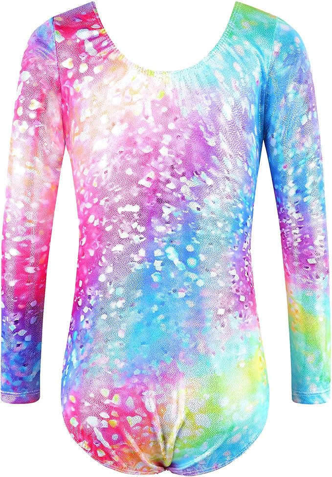 BAOHULU Leotards for Girls Gymnastics Long Sleeve Embroidery Shiny Black Diamond Dance Clothes