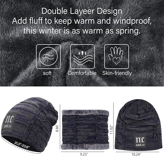 FZ FANTASTIC ZONE Mens Womens Winter Beanie Hat Scarf Set Warm Knit Thick Fleece Lined Skull Cap Neck Warmer for Men Women