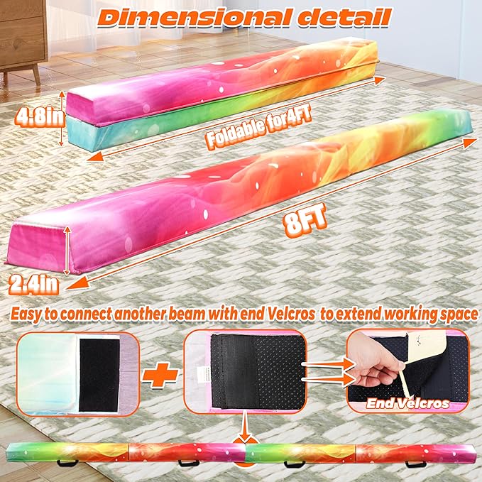 PreGymnastic 6FT/8FT/9.5FT Folding Balance Beam for Kids Ages 3-12, Foldable Gymnastics Floor Beam-Extra Firm Suede Cover with Carrying Bag for Home-Gym Equipment for Toddler Teenager