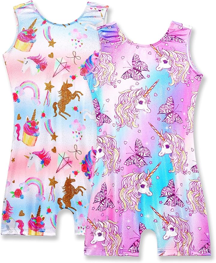 Nymphperi 2 Packs Gymnastics Leotard for Girls Sparkle Biketards with Shorts Kids Sleeveless Unitard One-Piece Dancewear