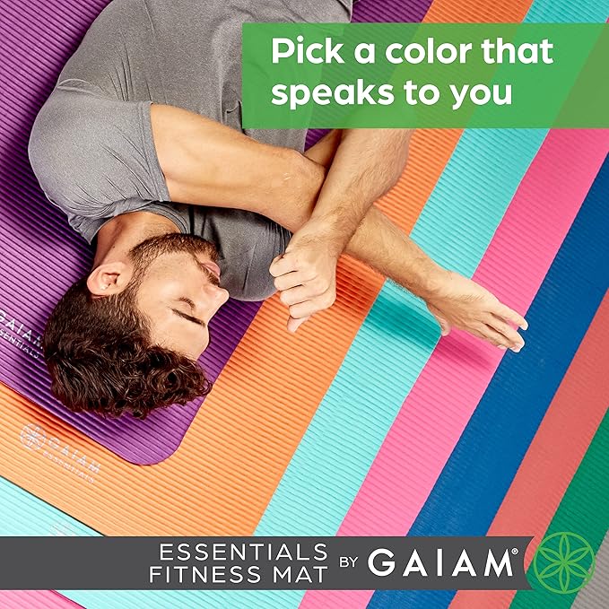 Gaiam Essentials 2/5" Thick (10mm) Yoga & Pilates, Fitness & Exercise Mat with Easy-Cinch Carrier Strap Cushion Support For Fitness and Gym Workouts