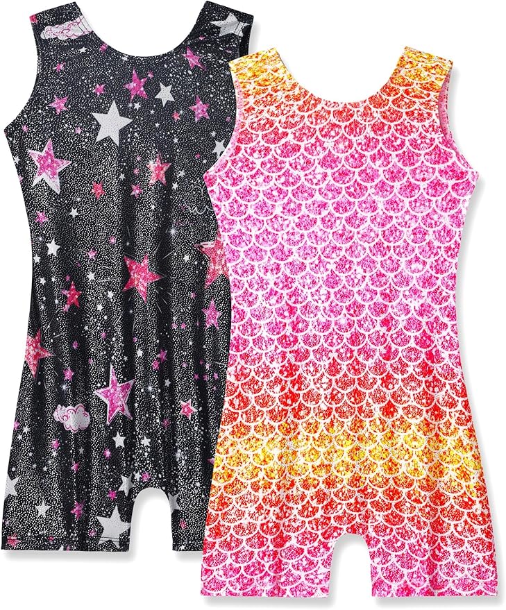Nymphperi 2 Packs Gymnastics Leotard for Girls Sparkle Biketards with Shorts Kids Sleeveless Unitard One-Piece Dancewear