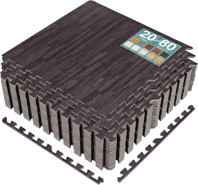 Sorbus 80 Sq. Ft. Wood Grain Floor Tiles Foam Mat EVA Interlocking Mats Tile 3/8-Inch Thick Flooring Wood Puzzle Exercise Mats w/Borders - Home Playroom Basement, Apartment, Trade Show, Baby, Dance