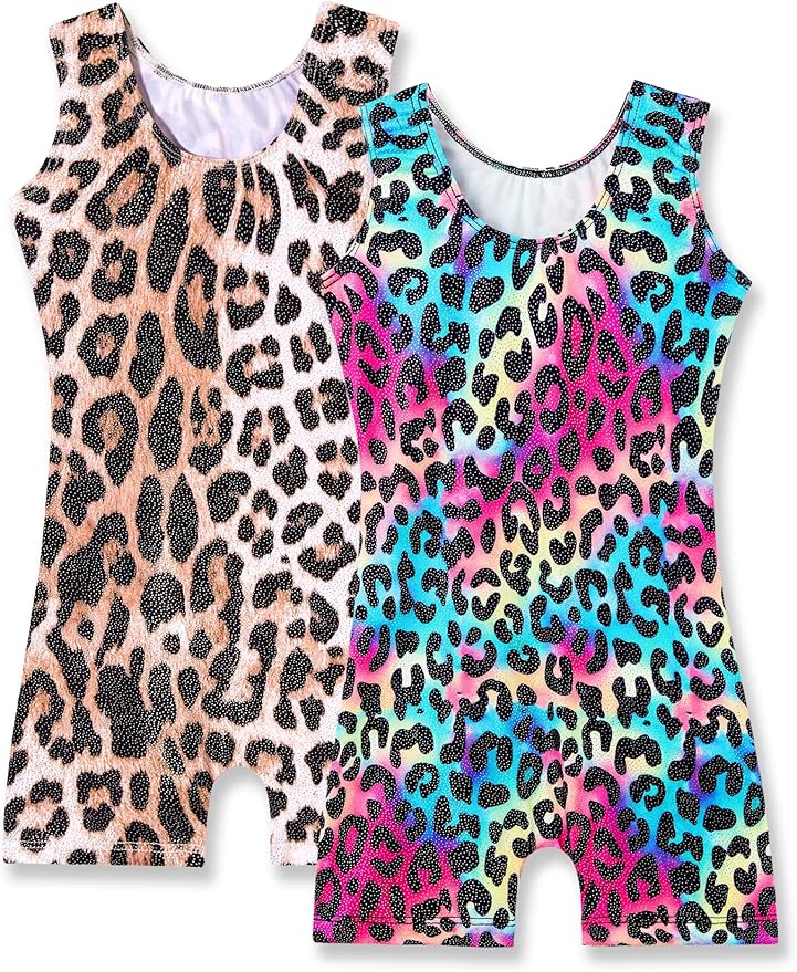 Nymphperi 2 Packs Gymnastics Leotard for Girls Sparkle Biketards with Shorts Kids Sleeveless Unitard One-Piece Dancewear