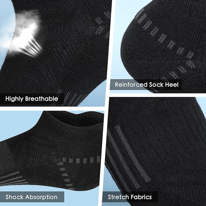 Airacker Ankle Athletic Running Socks Cushioned Breathable Low Cut Sports Tab Socks for Men and Women (6 Pairs)