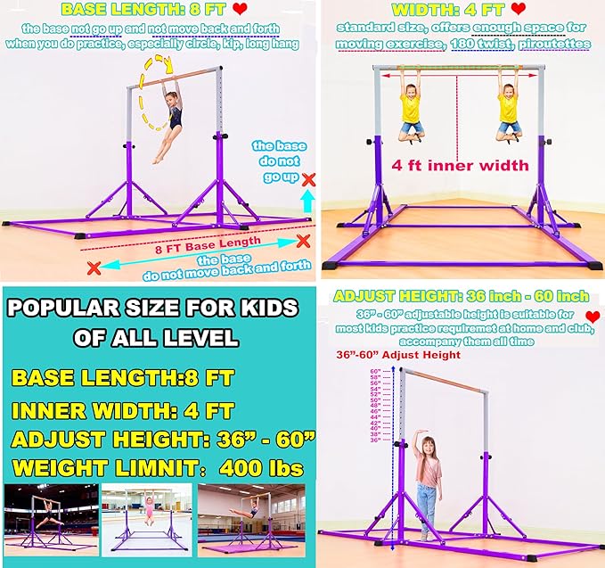 Marfula Gymnastic Bar For Kid and Teenage of 3-25, 5Ft/8 FT Base Length 4Ft Width 5Ft Adjust Height, Gymnastic Kip Bar For Gymnast, Gymnastic Training Equipment For Professional Training Home Club Use