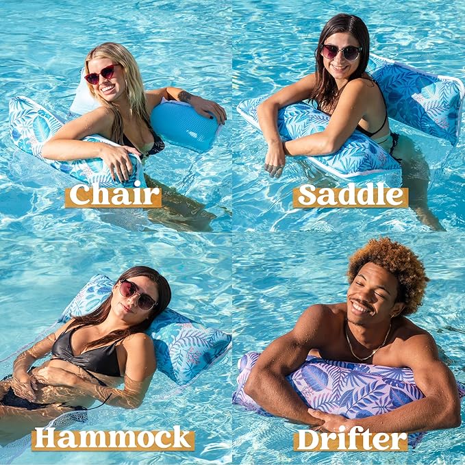 Sloosh 3 Pack Inflatable Pool Float Hammock, Water Lounges, Multi-Purpose Swimming Pool Accessories (Saddle, Lounge Chair, Hammock, Drifter), Lake, Outdoor, Beach