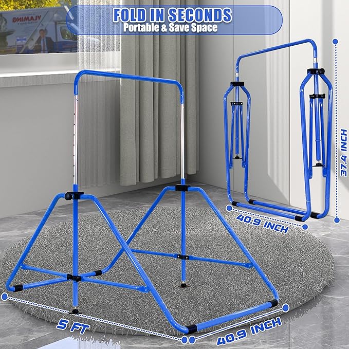 MARFULA Foldable Gymnastic Bar for Kids Ages 3-12, 9 Height Levels, 200 lbs Weight Capacity, 5 Ft Length Gymnastic Kip Bar with Mat, Gymnastic Equipment for Home and Gym Center Indoor Outdoor Use