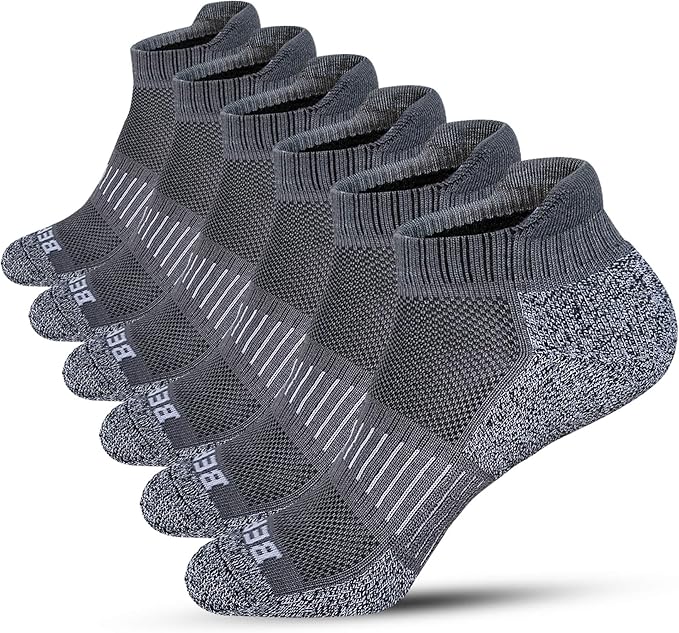 BERING Men's Athletic Running Ankle Socks Cushioned Heel Tab (6 Pairs)
