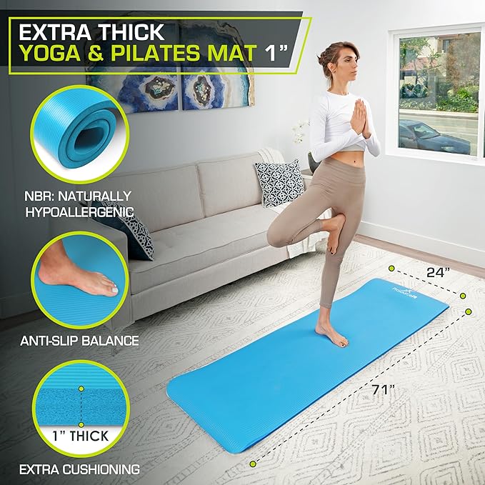 ProsourceFit Extra Thick Yoga and Pilates Mat ½” (13mm) or 1" (25mm), 71-inch Long High Density Exercise Mat with Comfort Foam and Carrying Strap