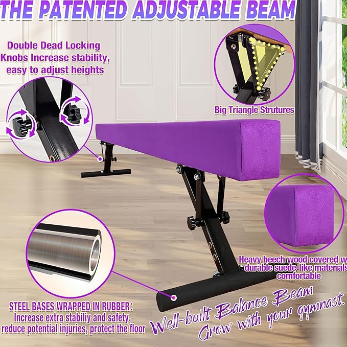 PreGymnastic 8FT Balance Beam, Raised Gymnastics Beam for Kids Ages 3-12, Home Gym Equipment for Training, Adjustable Balancing Beam Indoor, Off-Ground Competition Style